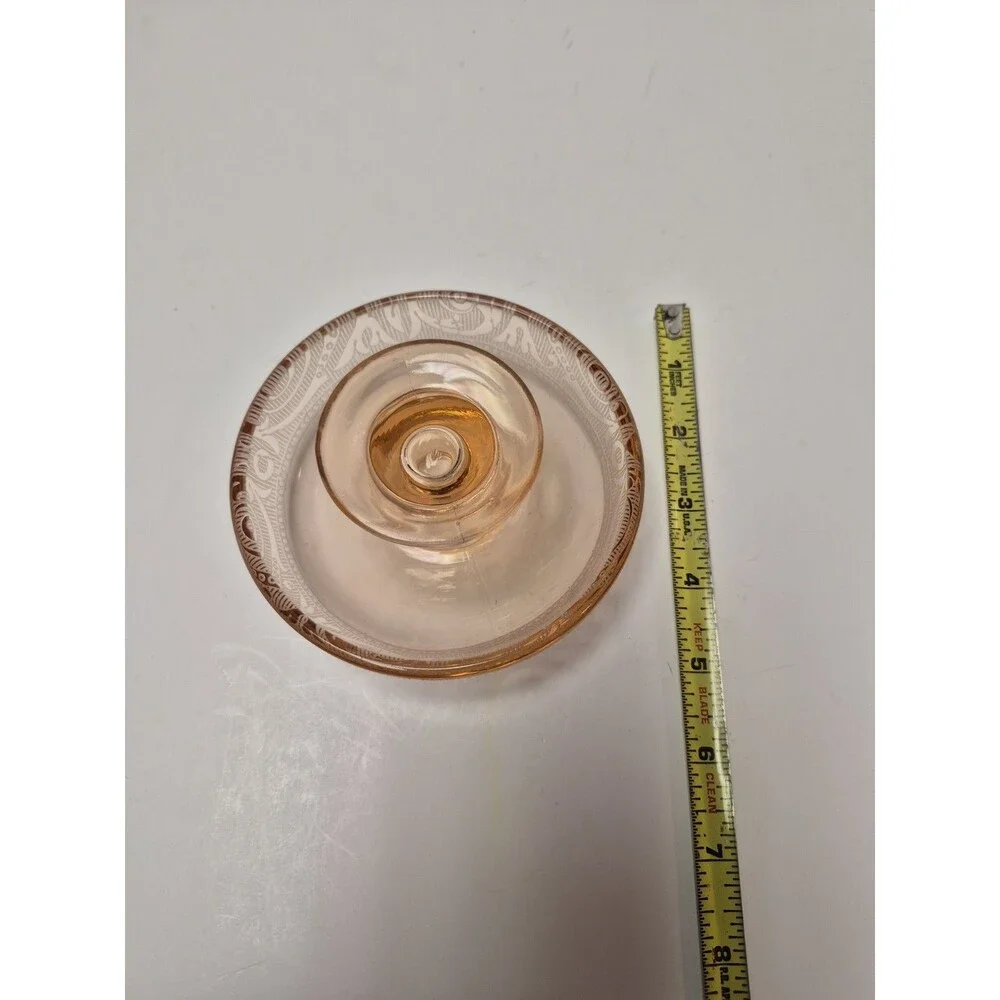 Vintage Depression etched Glass Pink Taper Candle Holder